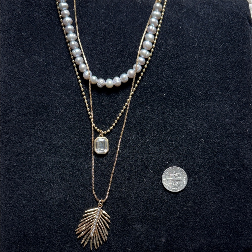 Tommy Bahama Gold Layered Necklace with White Pearls and Leaf Pendant